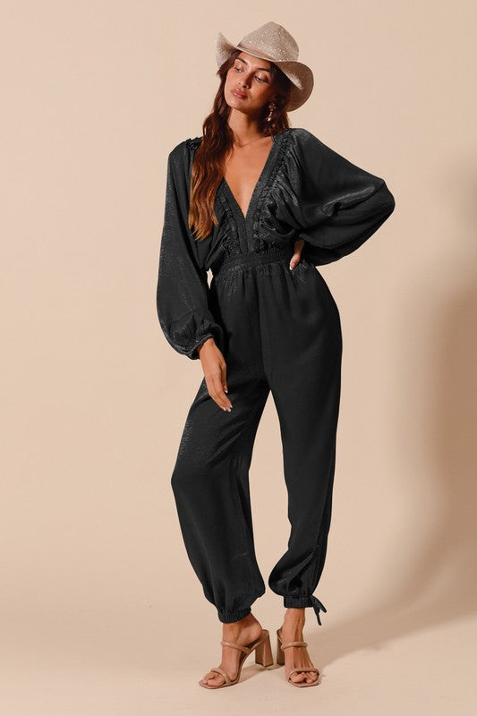 Satin V-Neck Long Sleeve Jumpsuit