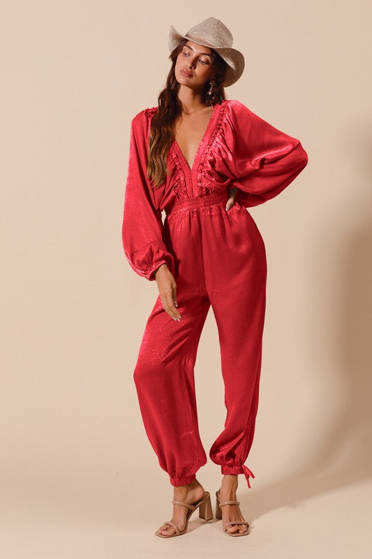 Satin V-Neck Long Sleeve Jumpsuit