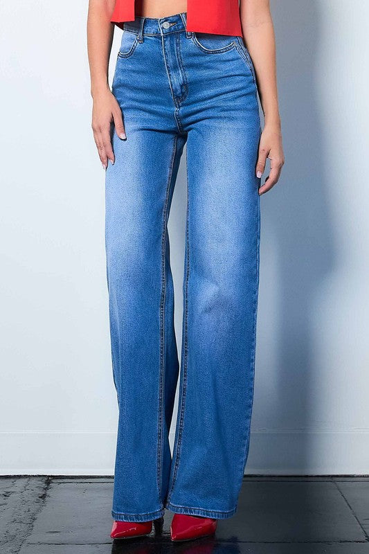 Medium Blue High Rise Wide Leg Jeans