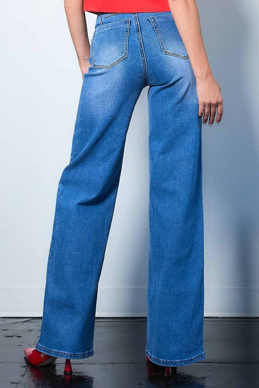 Medium Blue High Rise Wide Leg Jeans