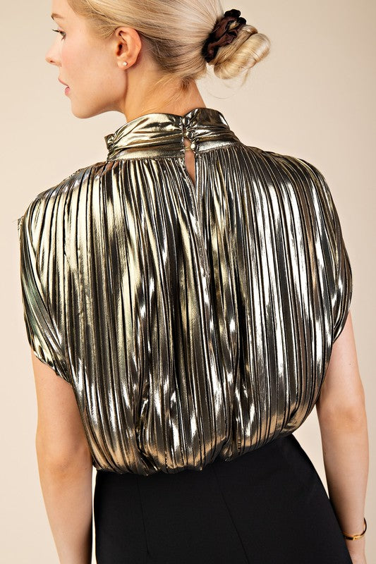 1164 Pleated Metallic High Neck Shirt