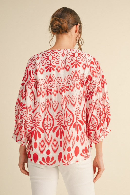 1505 3/4 Sleeve Red & White Top
