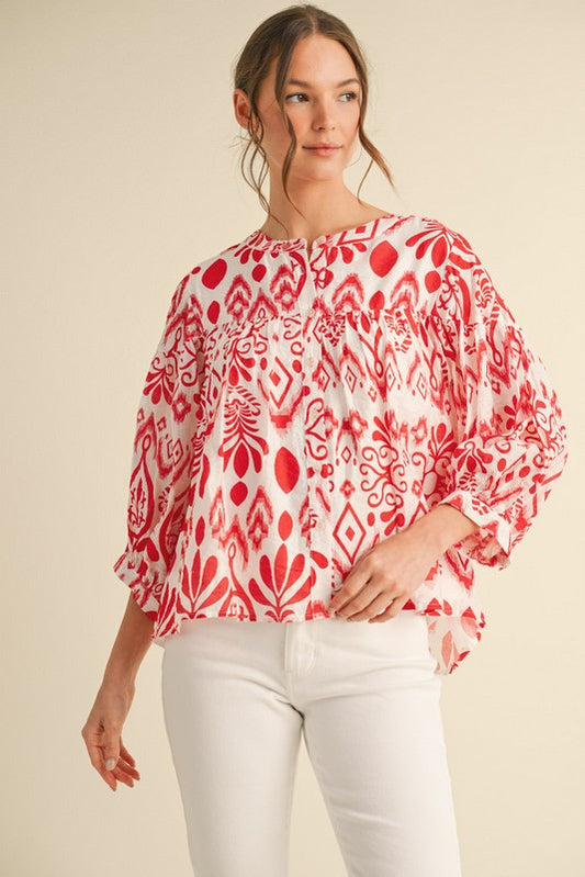 1505 3/4 Sleeve Red & White Top