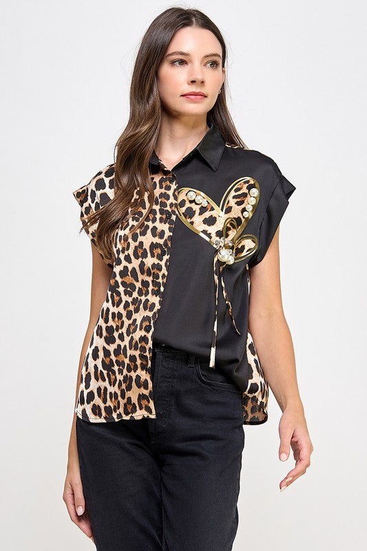 Heart Animal Print Button Down Shirt