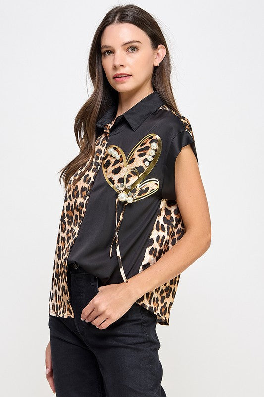 Heart Animal Print Button Down Shirt