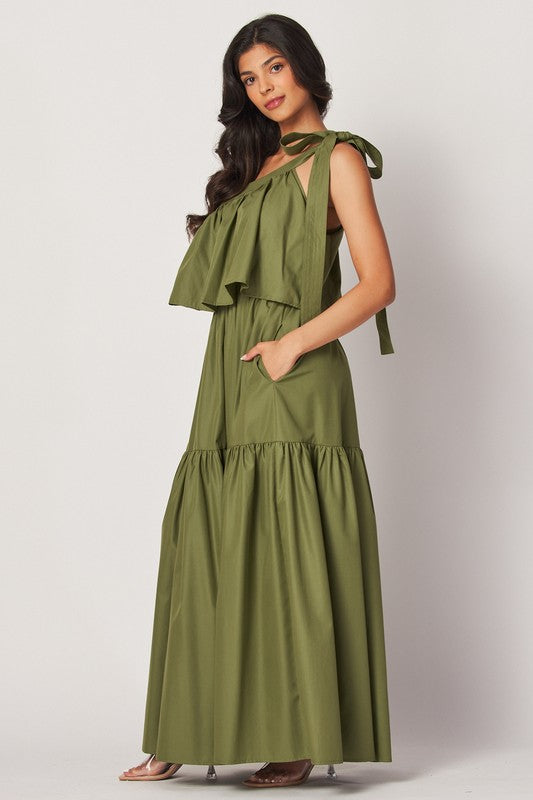 Olive One Shoulder Maxi Dress