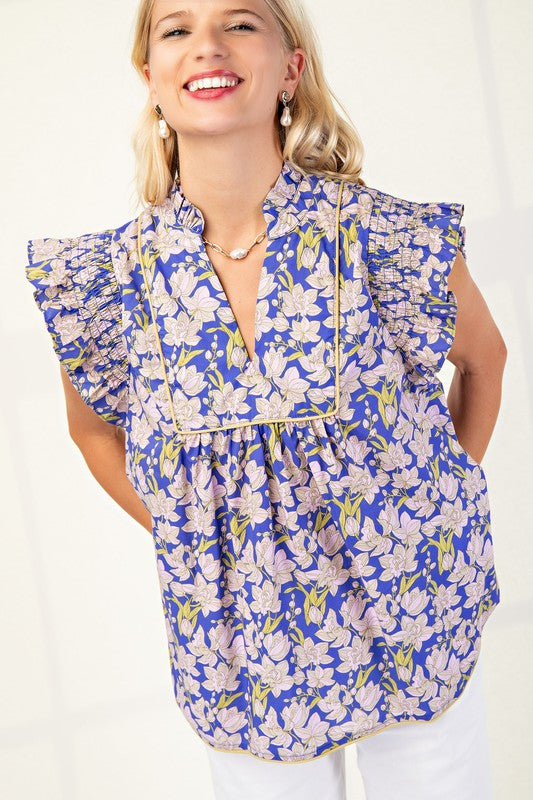 Ruffle Sleeveless Flower Print Top