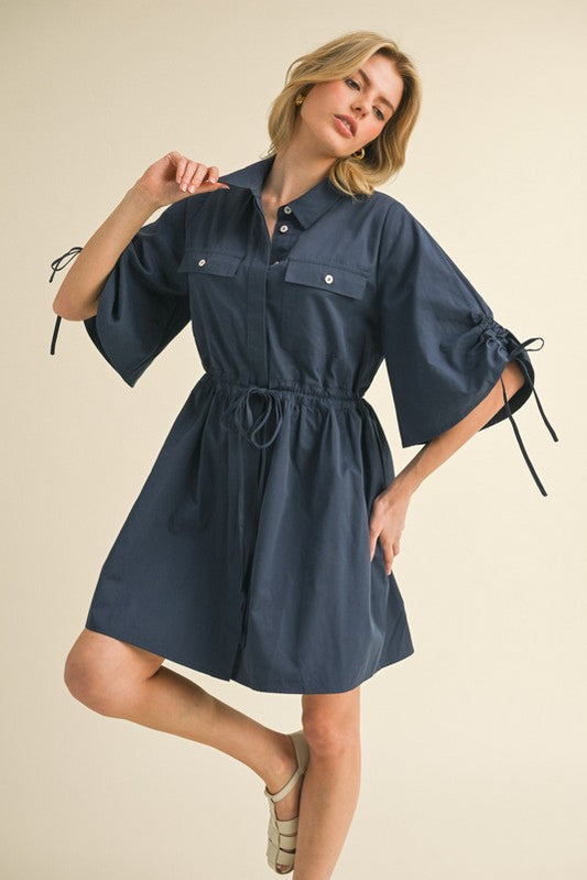 1630 Navy 3/4 Sleeve Flap Pockets Dress