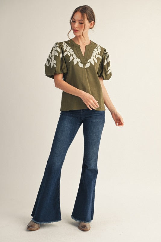 1801 Olive Embroidered Bubble Sleeve Shirt