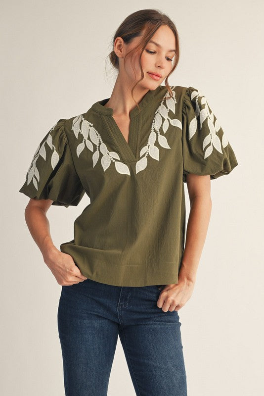 1801 Olive Embroidered Bubble Sleeve Shirt