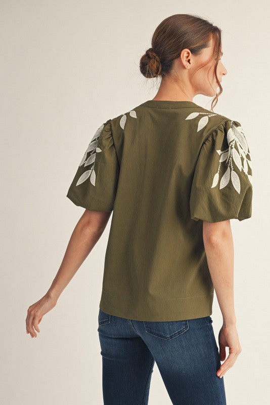 1801 Olive Embroidered Bubble Sleeve Shirt