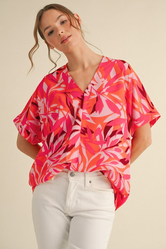 1473 Orange & Pink Print V-Neck Top