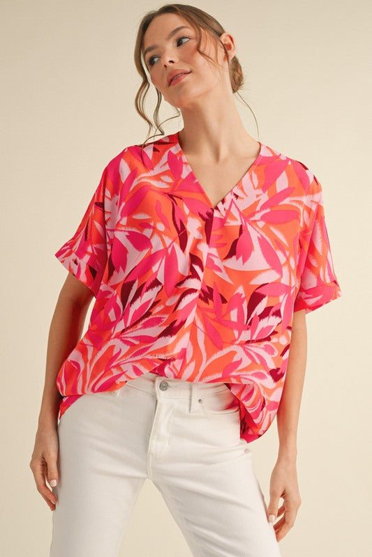 1473 Orange & Pink Print V-Neck Top