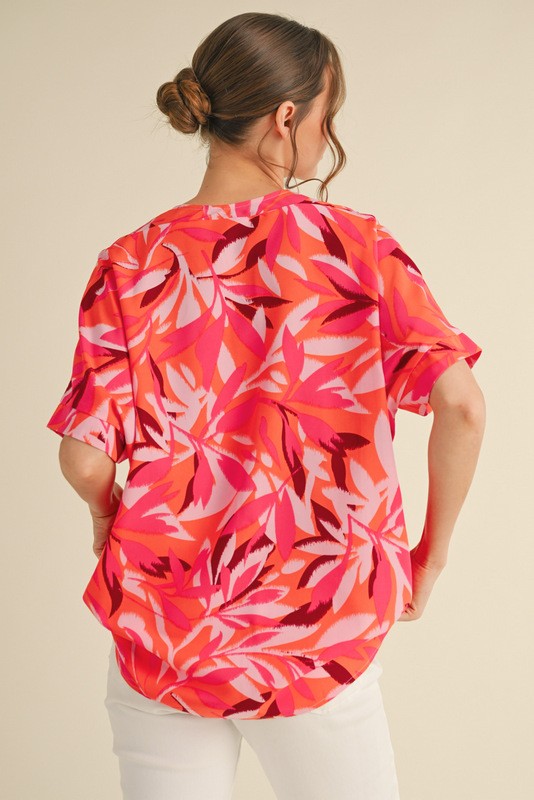 1473 Orange & Pink Print V-Neck Top