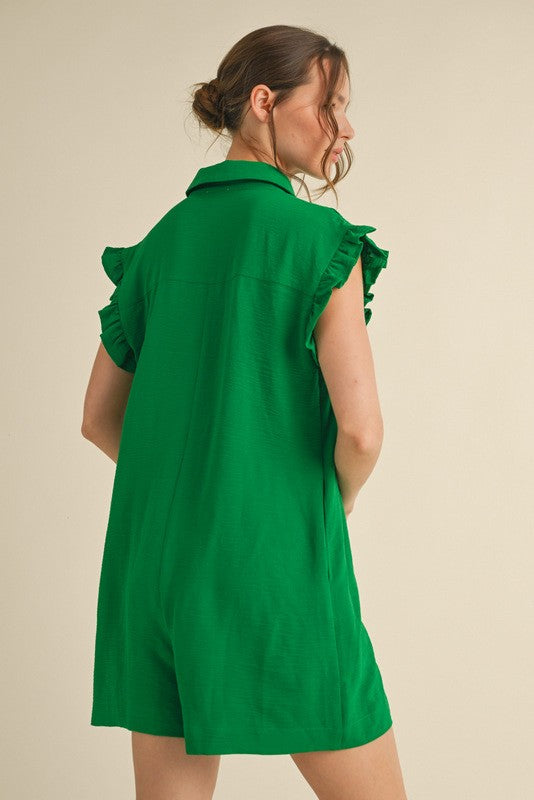 1497 Sleeveless Ruffle Button Down Romper
