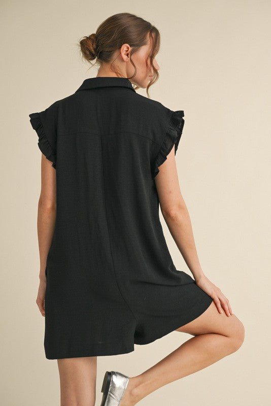 1497 Sleeveless Ruffle Button Down Romper