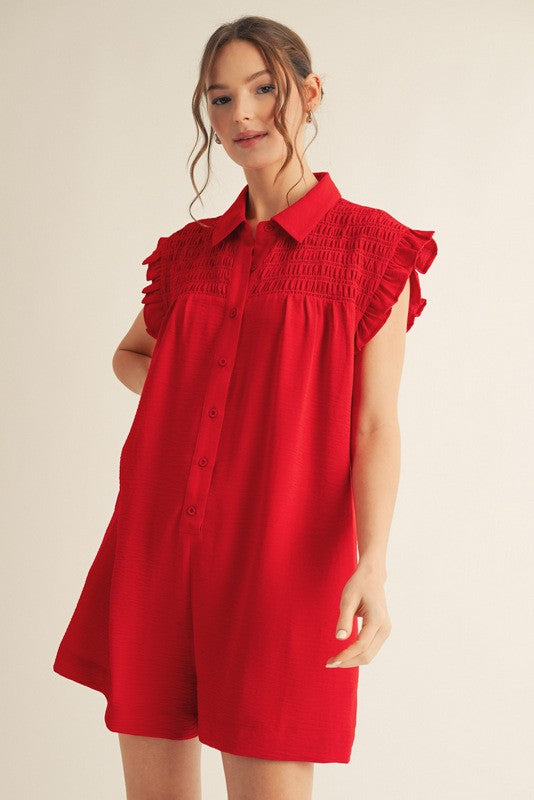 1497 Sleeveless Ruffle Button Down Romper