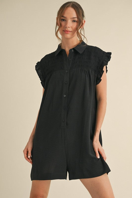 1497 Sleeveless Ruffle Button Down Romper
