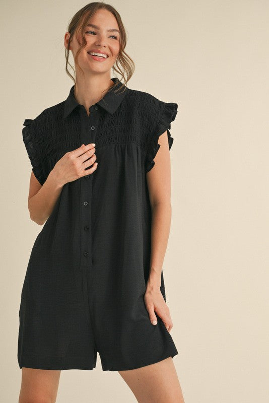 1497 Sleeveless Ruffle Button Down Romper