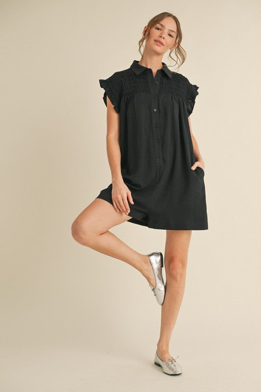 1497 Sleeveless Ruffle Button Down Romper