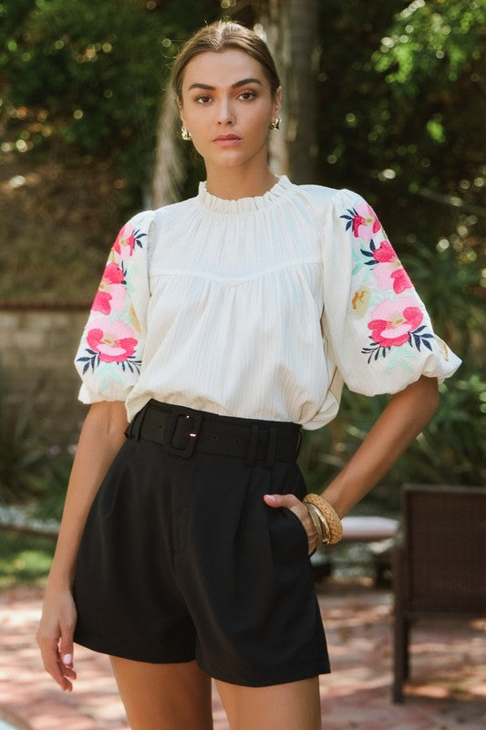 1574 Embroidered Multi Colors Flowers Ivory Shirt