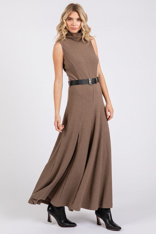 Brown Jersey Maxi Dress With Black Belt