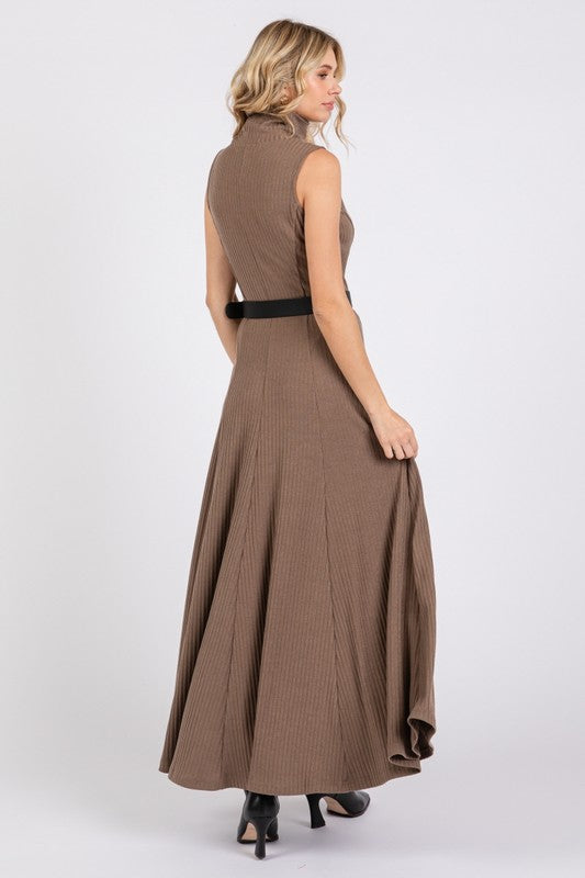 Brown Jersey Maxi Dress With Black Belt