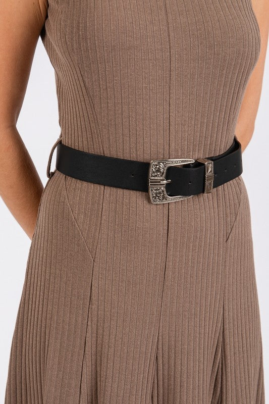 Brown Jersey Maxi Dress With Black Belt