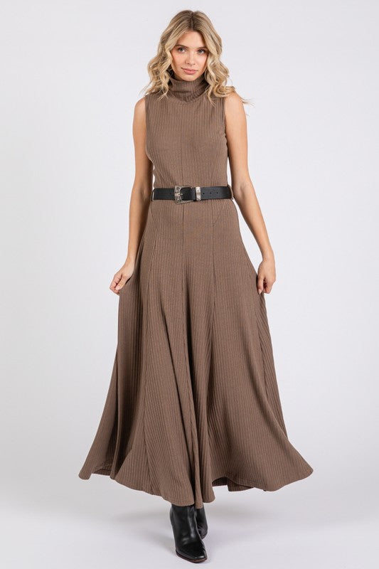 Brown Jersey Maxi Dress With Black Belt