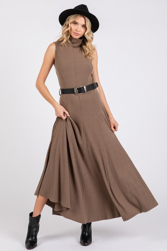 Brown Jersey Maxi Dress With Black Belt