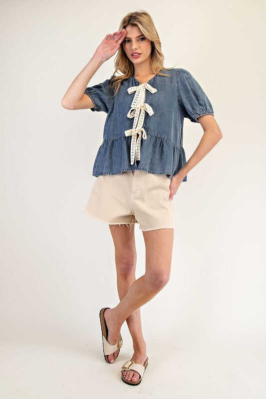 1259 Lace Bows Denim Top