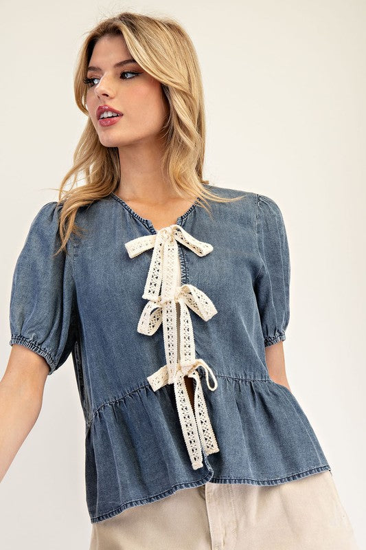 1259 Lace Bows Denim Top