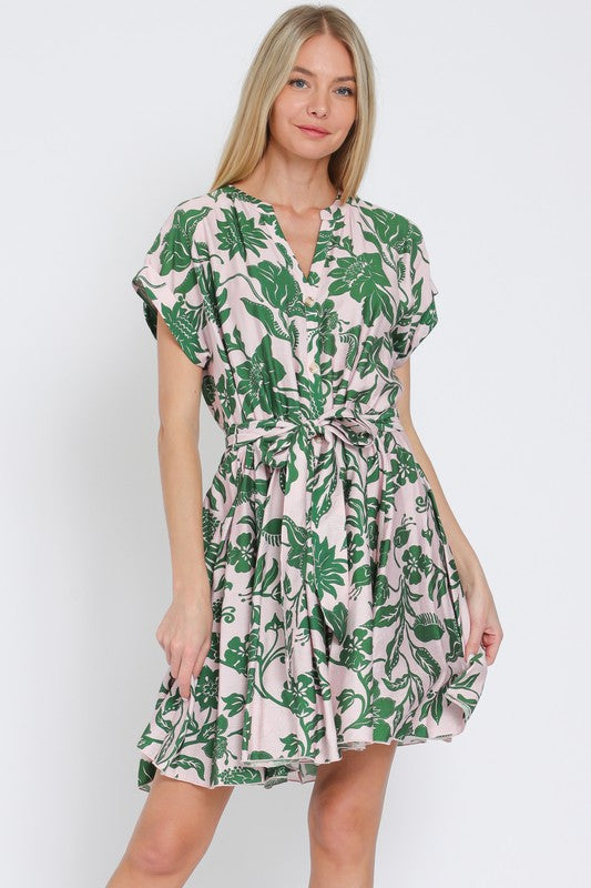 1530 Light Pink & Green Leaf Print Dress