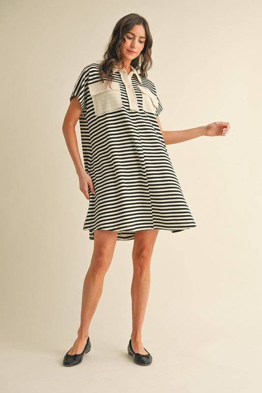 1432 Striped Pockets Polo Dress
