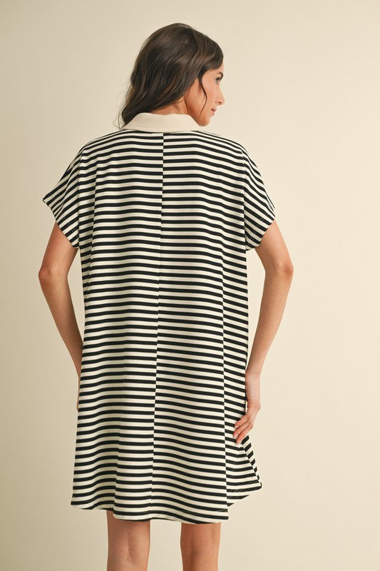 1432 Striped Pockets Polo Dress