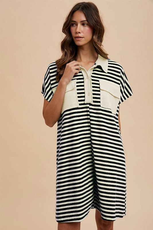 1432 Striped Pockets Polo Dress