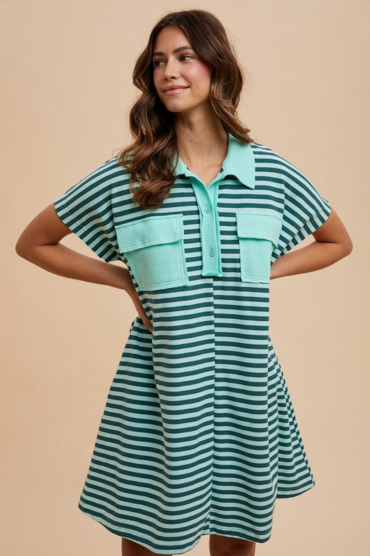 1432 Striped Pockets Polo Dress