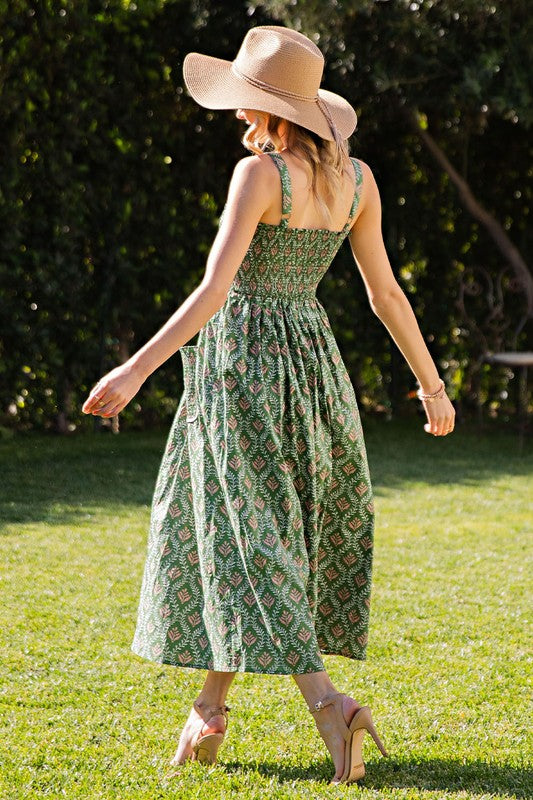 1271 Green Print Elastic Midi Dress
