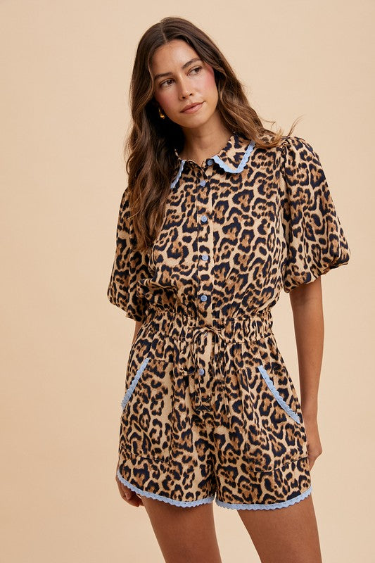 1796 Animal Print Light Blue Trim Romper