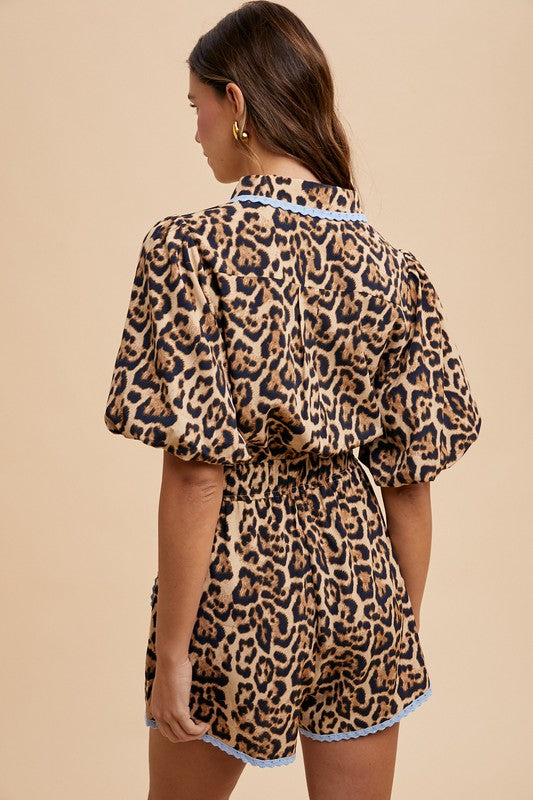 1796 Animal Print Light Blue Trim Romper