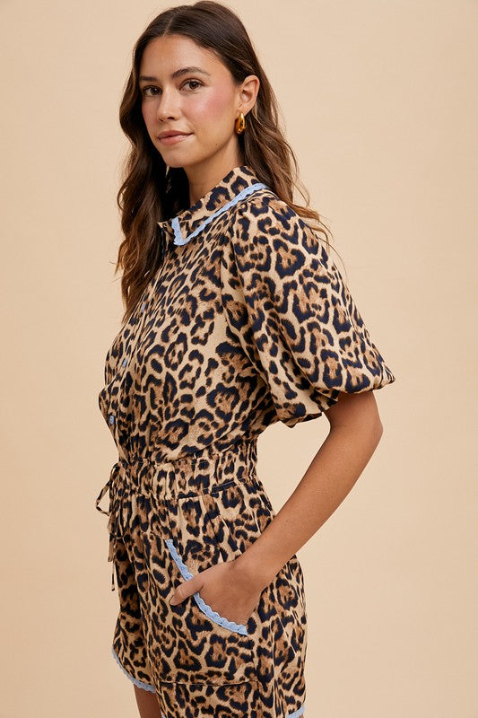 1796 Animal Print Light Blue Trim Romper