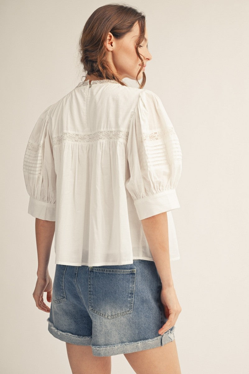 2401 Lace Bubble Sleeve White Shirt