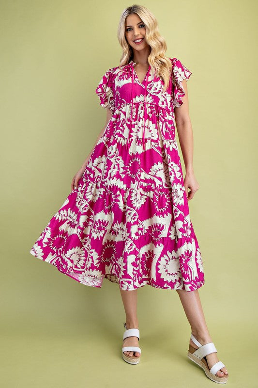 1409 Flower Print Ruffle Sleeve Midi Dress