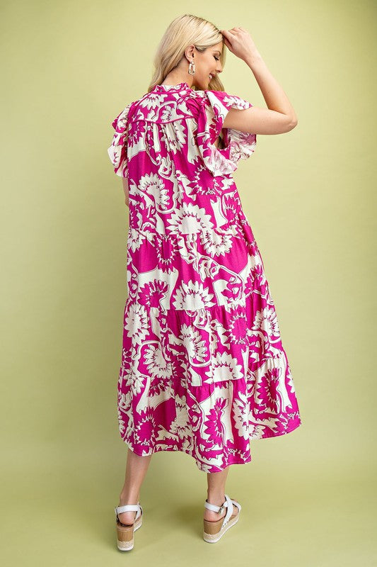 1409 Flower Print Ruffle Sleeve Midi Dress