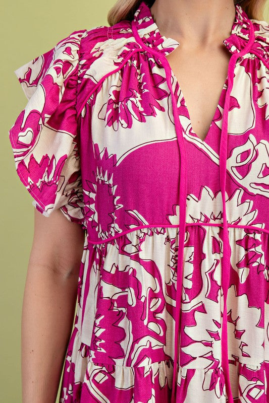 1409 Flower Print Ruffle Sleeve Midi Dress
