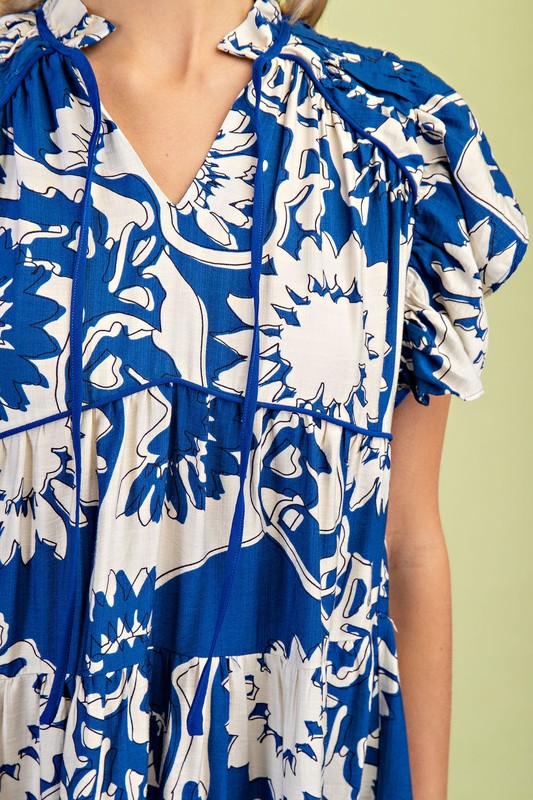 1409 Flower Print Ruffle Sleeve Midi Dress
