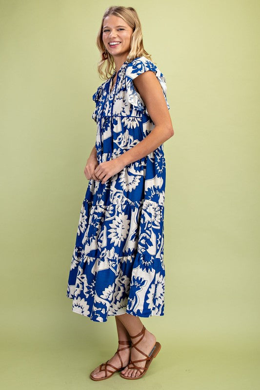 1409 Flower Print Ruffle Sleeve Midi Dress