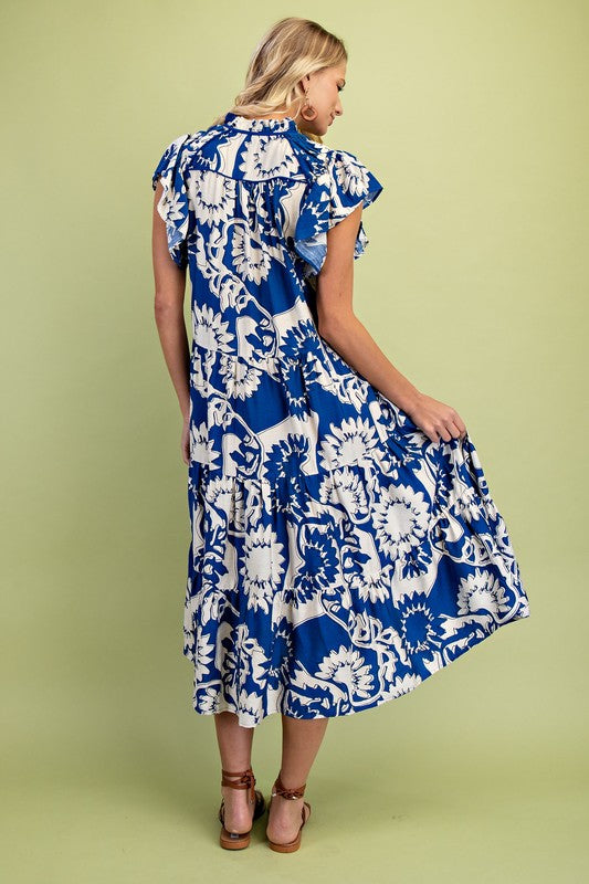 1409 Flower Print Ruffle Sleeve Midi Dress