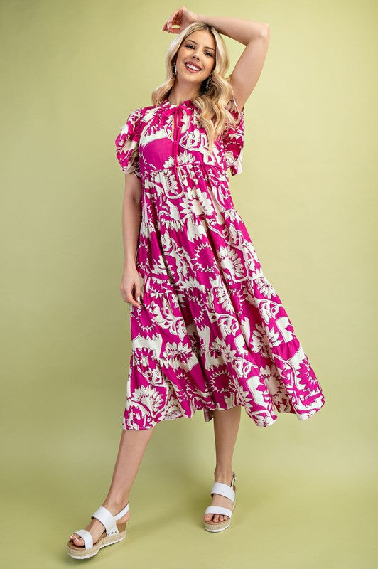 1409 Flower Print Ruffle Sleeve Midi Dress