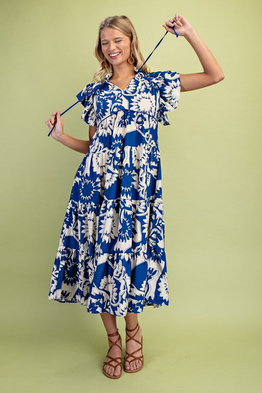 1409 Flower Print Ruffle Sleeve Midi Dress